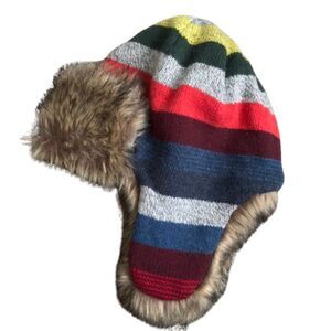 Baby Gap Throw Back Crazy Strip Faux Fur Trim Winter Trapper Hat 18-24 mos.